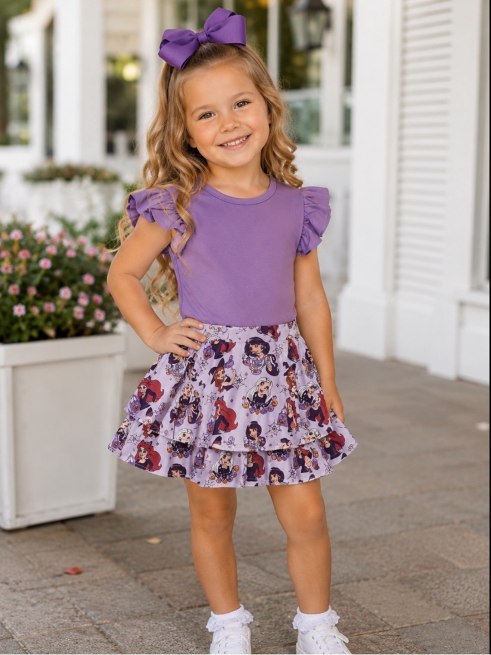 New Boutique Princess Halloween Printed Flutter Sleeve Top & Tiered Skirt Set